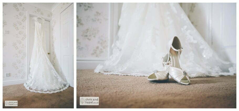 Wedding dress hanging up wedding shoes Dewsbury Wedding Photographer Chris and Hazel Wedding Photography Steven Mountford Rachel Moore