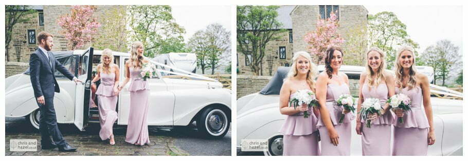 bridesmaids Austin Princess vanden plas 1961 wedding car Whitly Church wedding Dewsbury Wedding Photographer Whitly Chris and Hazel Wedding Photography Steven Mountford Rachel Moore