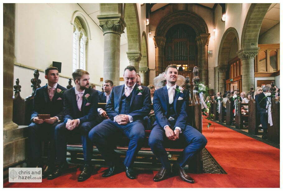 groom best man ushers front of church altar ceremony Whitly Church wedding Dewsbury Wedding Photographer Whitly Chris and Hazel Wedding Photography Steven Mountford Rachel Moore