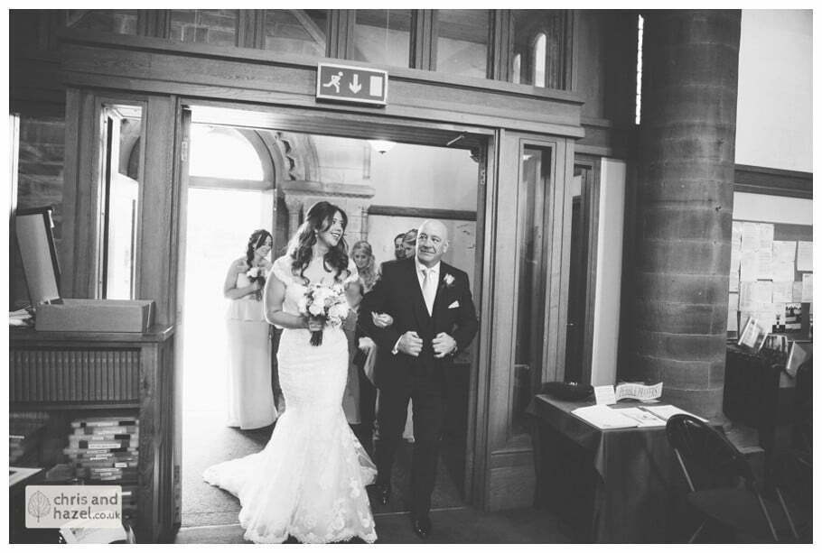 bride and father walking down aisle ceremony Whitly Church wedding Dewsbury Wedding Photographer Whitly Chris and Hazel Wedding Photography Steven Mountford Rachel Moore