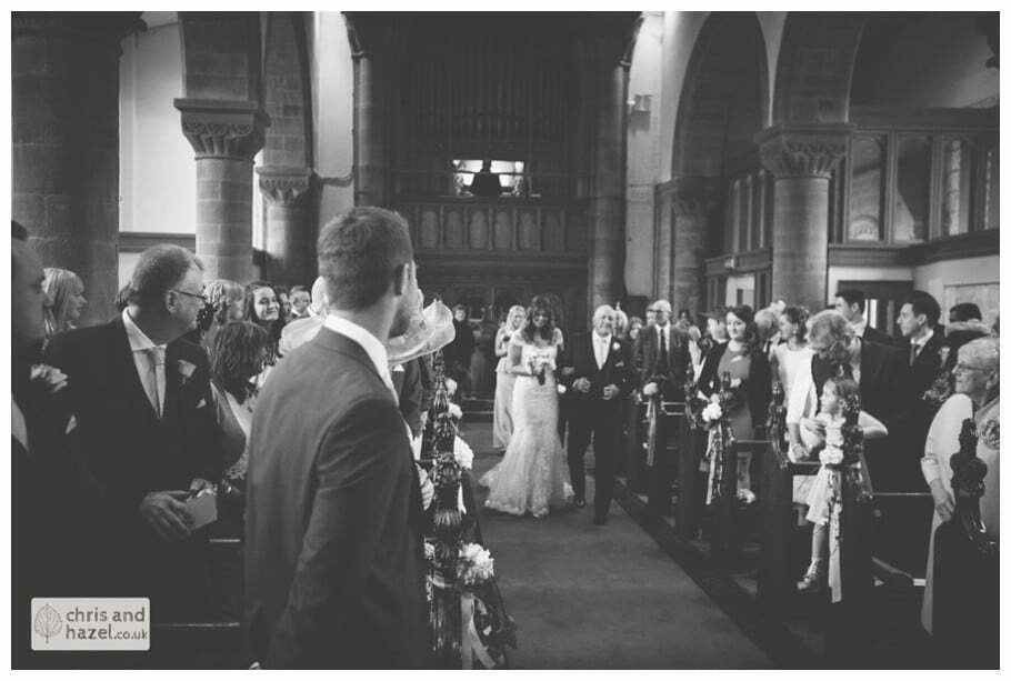 bride and father walking down aisle ceremony Whitly Church wedding Dewsbury Wedding Photographer Whitly Chris and Hazel Wedding Photography Steven Mountford Rachel Moore