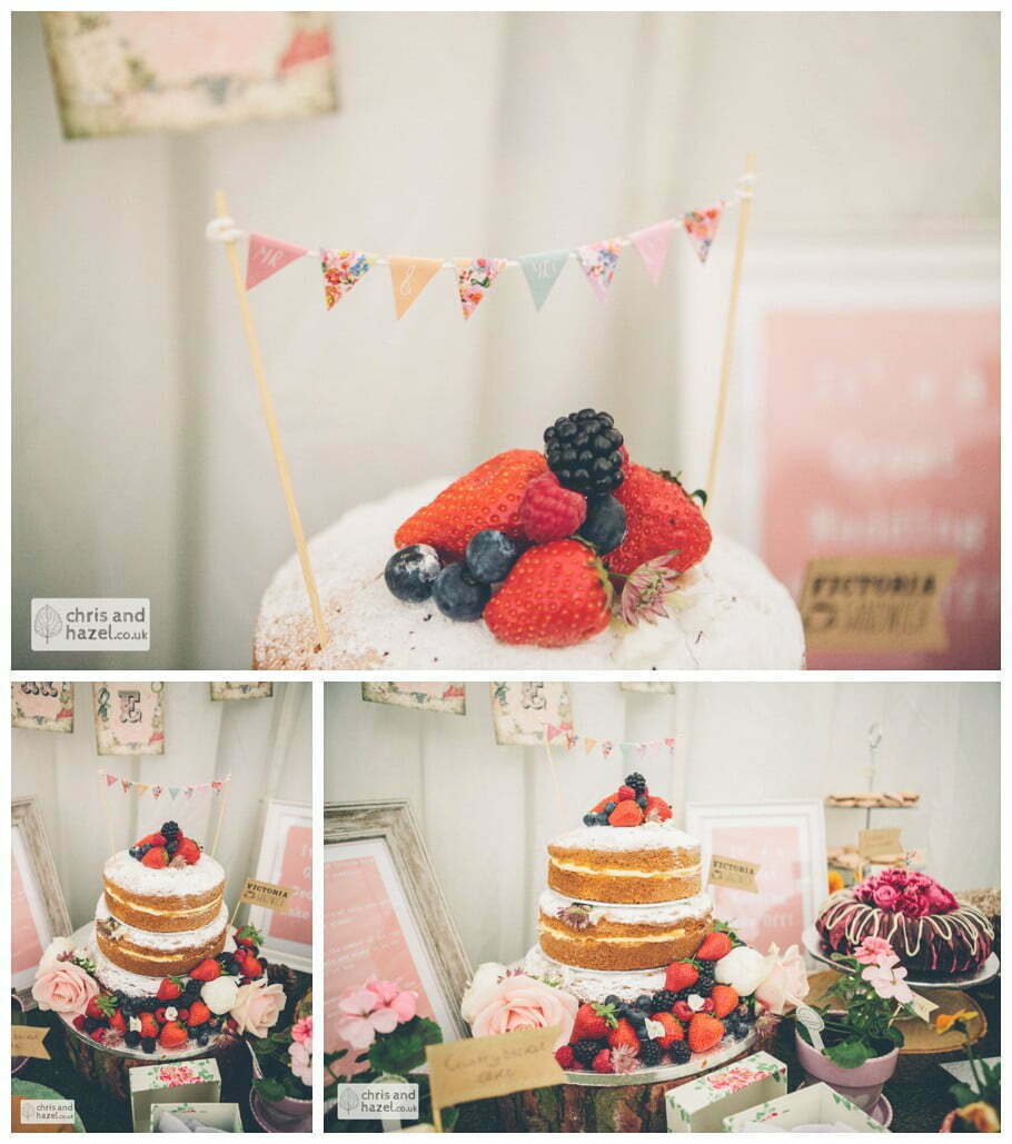 naked wedding cake table bake off rustic hessian country vintage elegant wedding theme chair covers documentary wedding photography reception Woodlands hotel Wedding Photographer leeds wedding photography Chris and Hazel Wedding Photography Steven Mountford Rachel Moore