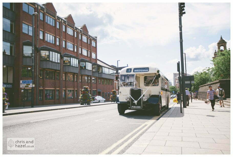 vintage wedding bus single decker Leeds town hall wedding photography leeds town hall steps robin young clare robertson wedding