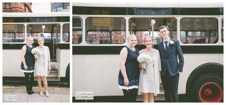 bride family single decker wedding bus Leeds town hall wedding photography leeds town hall steps robin young clare robertson wedding