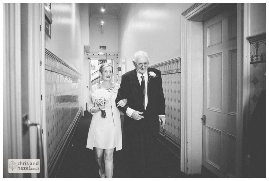 bride and father Leeds town hall wedding photography leeds town hall steps robin young clare robertson wedding