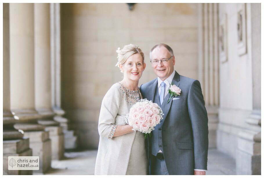 outside bride groom portrait formal family photographs Leeds town hall wedding photography leeds town hall steps robin young clare robertson wedding