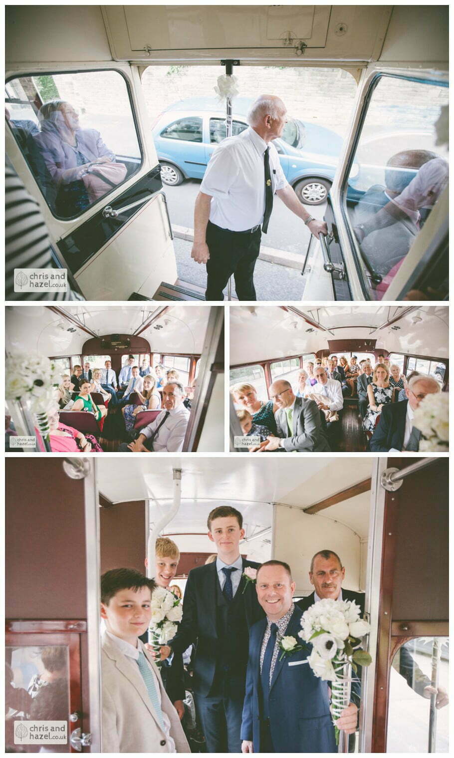 Single decker vintage wedding bus bride groom Leeds town hall wedding photography leeds town hall steps robin young clare robertson wedding