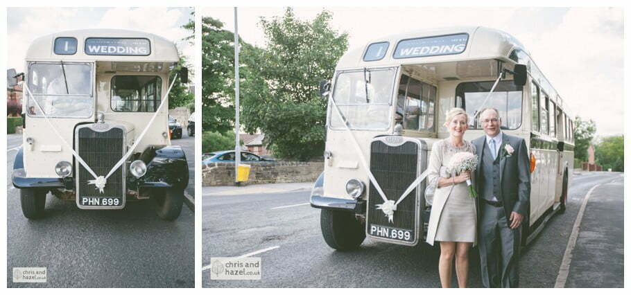 Single decker vintage wedding bus bride groom Leeds town hall wedding photography leeds town hall steps robin young clare robertson wedding