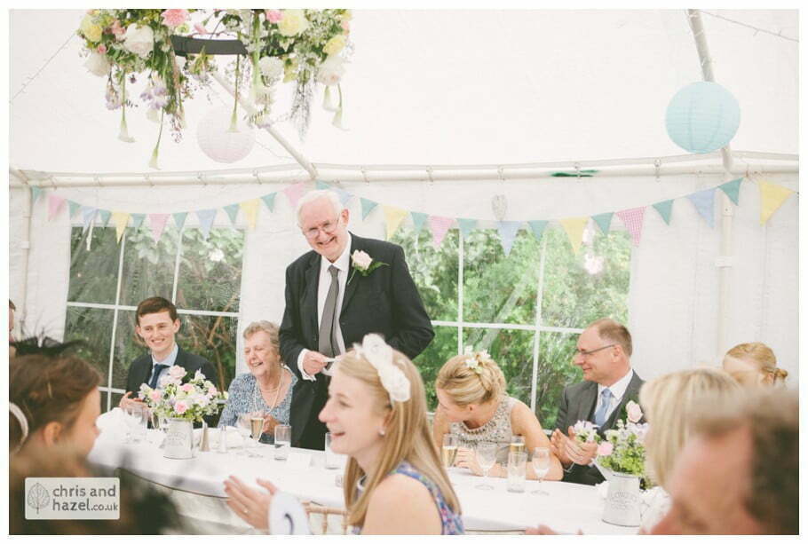 Father of bride speech in marquee gazebo english garden wedding Leeds wedding photography leeds robin young clare robertson wedding