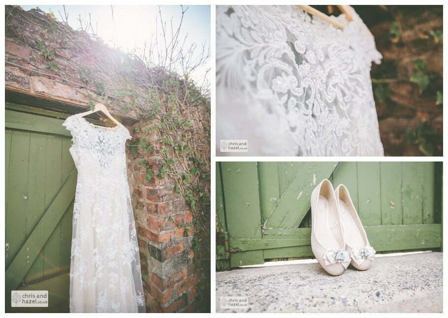 wedding dress hung up outside wedding shoes flat Wedding Photographer Harrogate Wedding Photography Braisty Estate by Chris and Hazel Wedding Photography Jonny Dunn Stef Brown