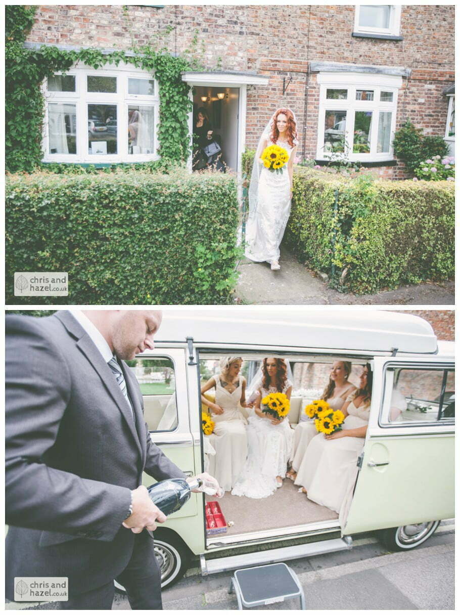 bride getting into wedding vw camper van bridal preparations documentary Wedding Photographer Harrogate Wedding Photography Braisty Estate by Chris and Hazel Wedding Photography Jonny Dunn Stef Brown