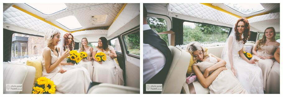 bride and bridesmaids in wedding vw camper van bridal preparations documentary Wedding Photographer Harrogate Wedding Photography Braisty Estate by Chris and Hazel Wedding Photography Jonny Dunn Stef Brown