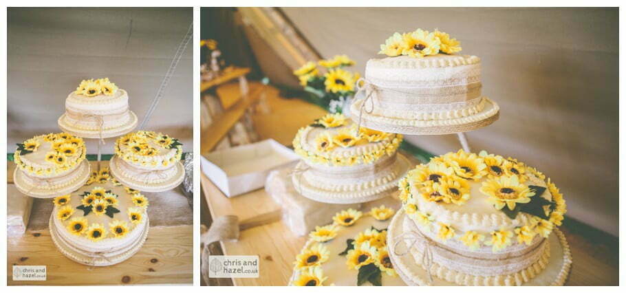 sunflower wedding cake flowers rustic wedding theme hessian papkata tipi teepee documentary Wedding Photographer Harrogate Wedding Photography Braisty Estate by Chris and Hazel Wedding Photography Jonny Dunn Stef Brown