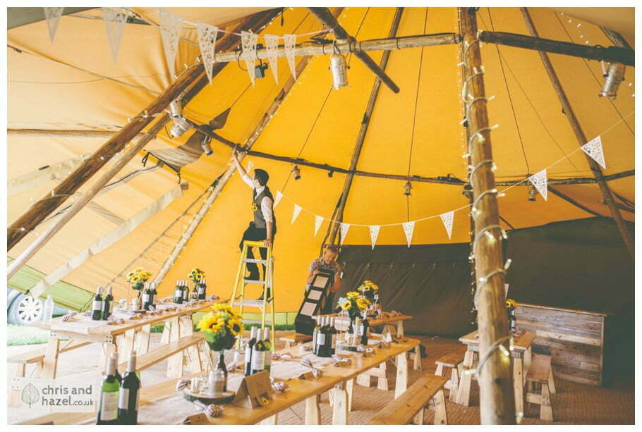 groom decorating rustic wedding theme hessian papkata tipi teepee documentary Wedding Photographer Harrogate Wedding Photography Braisty Estate by Chris and Hazel Wedding Photography Jonny Dunn Stef Brown