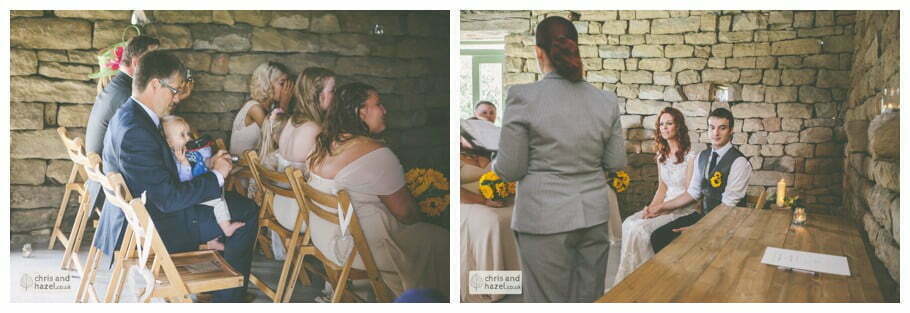 bride and groom at altar humanist wedding ceremony in barn documentary Wedding Photographer Harrogate Wedding Photography Braisty Estate by Chris and Hazel Wedding Photography Jonny Dunn Stef Brown