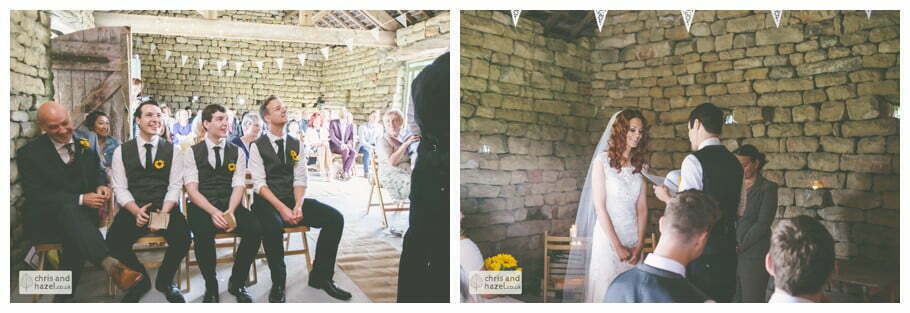 bride and groom at altar humanist wedding ceremony in barn documentary Wedding Photographer Harrogate Wedding Photography Braisty Estate by Chris and Hazel Wedding Photography Jonny Dunn Stef Brown