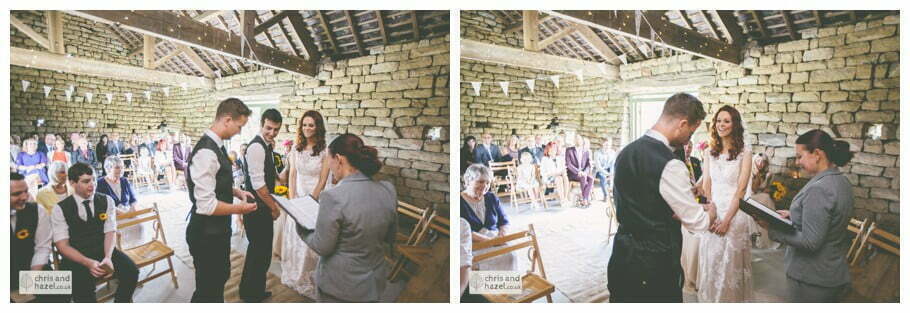 bride and groom at altar humanist wedding ceremony in barn documentary Wedding Photographer Harrogate Wedding Photography Braisty Estate by Chris and Hazel Wedding Photography Jonny Dunn Stef Brown