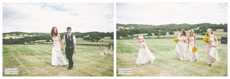 bride and groom bridesmaids walking up hill to papkata tipi teepee rustic wedding theme hessian documentary Wedding Photographer Harrogate Wedding Photography Braisty Estate by Chris and Hazel Wedding Photography Jonny Dunn Stef Brown