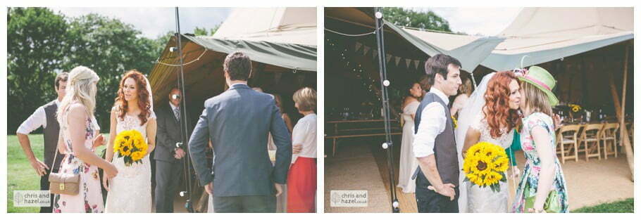 bride and groom receiving line papkata tipi teepee rustic wedding theme hessian documentary Wedding Photographer Harrogate Wedding Photography Braisty Estate by Chris and Hazel Wedding Photography Jonny Dunn Stef Brown