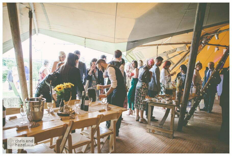 wedding gusts inside papkata tipi teepee rustic wedding theme hessian documentary Wedding Photographer Harrogate Wedding Photography Braisty Estate by Chris and Hazel Wedding Photography Jonny Dunn Stef Brown