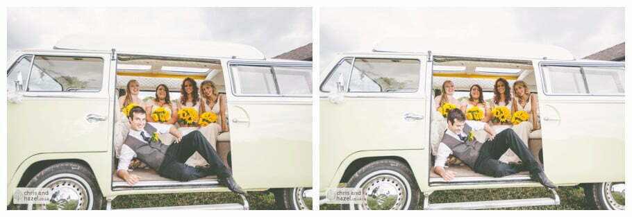 bride and groom with vw camper van wedding car rustic wedding theme hessian documentary Wedding Photographer Harrogate Wedding Photography Braisty Estate by Chris and Hazel Wedding Photography Jonny Dunn Stef Brown