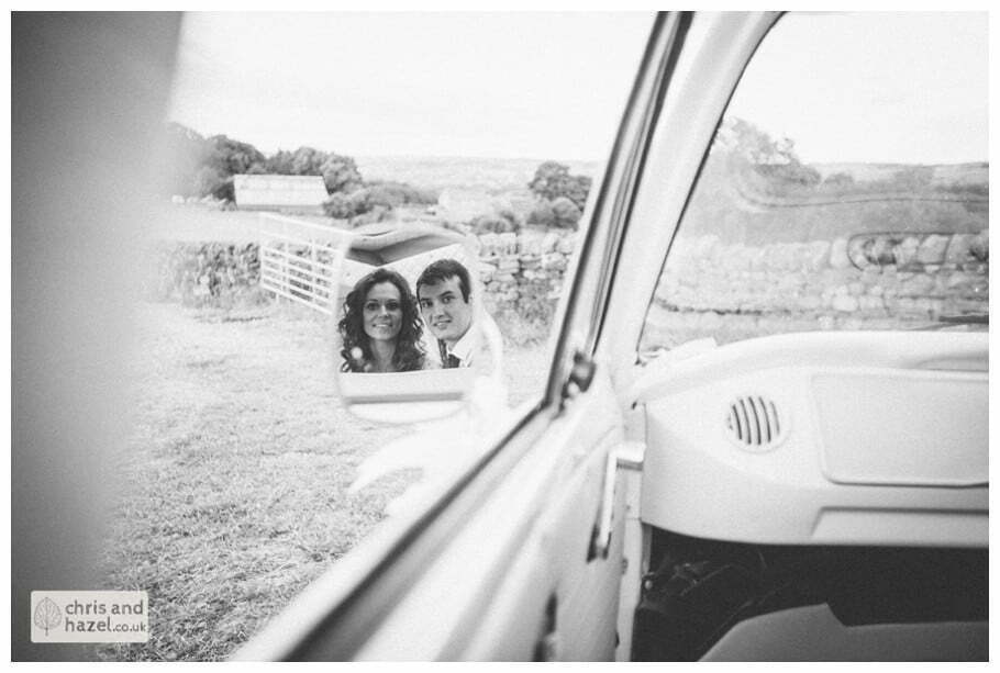 bride and groom with vw camper van wedding car mirror reflection rustic wedding theme hessian documentary Wedding Photographer Harrogate Wedding Photography Braisty Estate by Chris and Hazel Wedding Photography Jonny Dunn Stef Brown