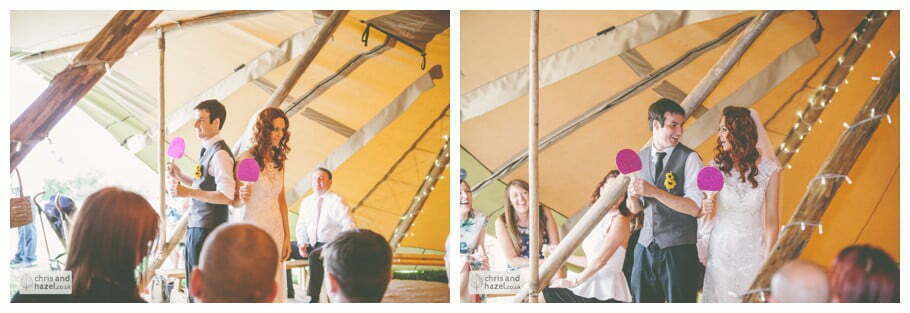 mr and mrs game play at wedding bride groom wedding papkata tipi teepee rustic wedding theme hessian documentary Wedding Photographer Harrogate Wedding Photography Braisty Estate by Chris and Hazel Wedding Photography Jonny Dunn Stef Brown
