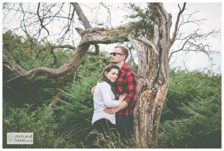 old fallen tree pre wedding engagement Levisham Wedding Photographer Yorkshire Wedding Photography North Yorkshire by Chris and Hazel Wedding Photography Ross Laurelin Matulis