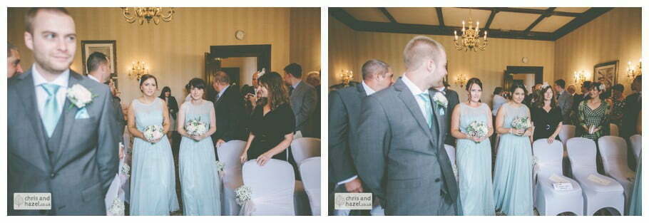 bridesmaids walking down aisle wedding ceremony kenwood hall documentary Sheffield Wedding Photographer Kenwood Hall Wedding Photography Sheffield by Chris and Hazel Wedding Photography Glen Briddock Emily Shaw