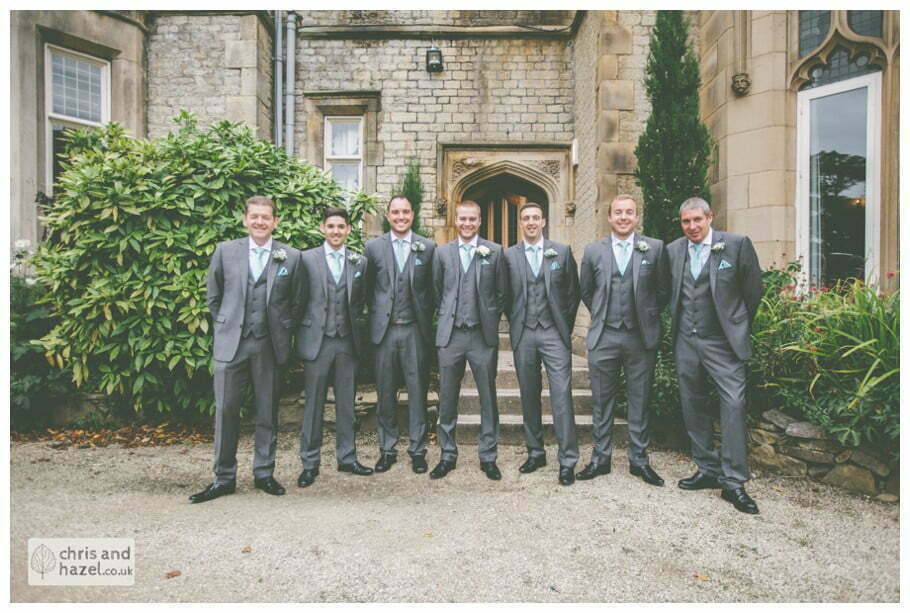 groom with ushers formal family photograph outside kenwood hall documentary Sheffield Wedding Photographer Kenwood Hall Wedding Photography Sheffield by Chris and Hazel Wedding Photography Glen Briddock Emily Shaw