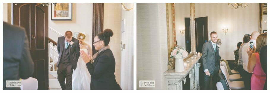 bride and groom enter wedding breakfast documentary Sheffield Wedding Photographer Kenwood Hall Wedding Photography Sheffield by Chris and Hazel Wedding Photography Glen Briddock Emily Shaw