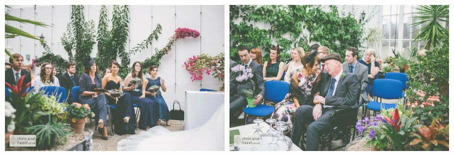 wedding guests wedding ceremony in greenhouse conservatory documentary Hull Wedding Photographer Bishop Burton College Wedding Photography Hull by Chris and Hazel Wedding Photography Ross laurelin Matulis