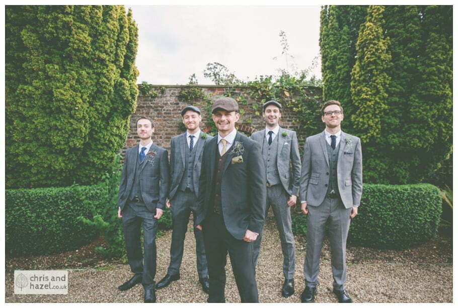 groom with groomsmen ushers formal portrait documentary Hull Wedding Photographer Bishop Burton College Wedding Photography Hull by Chris and Hazel Wedding Photography Ross laurelin Matulis