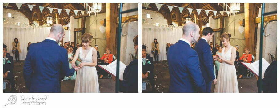 bride and groom, vows, ring exchange, wedding ceremony, barn, documentary wedding photography, Keighley ,Wedding Photographer, East Riddlesden Hall, Wedding Photography, Chris and Hazel Wedding Photography, Craig beasley, Stephanie Stubbs,