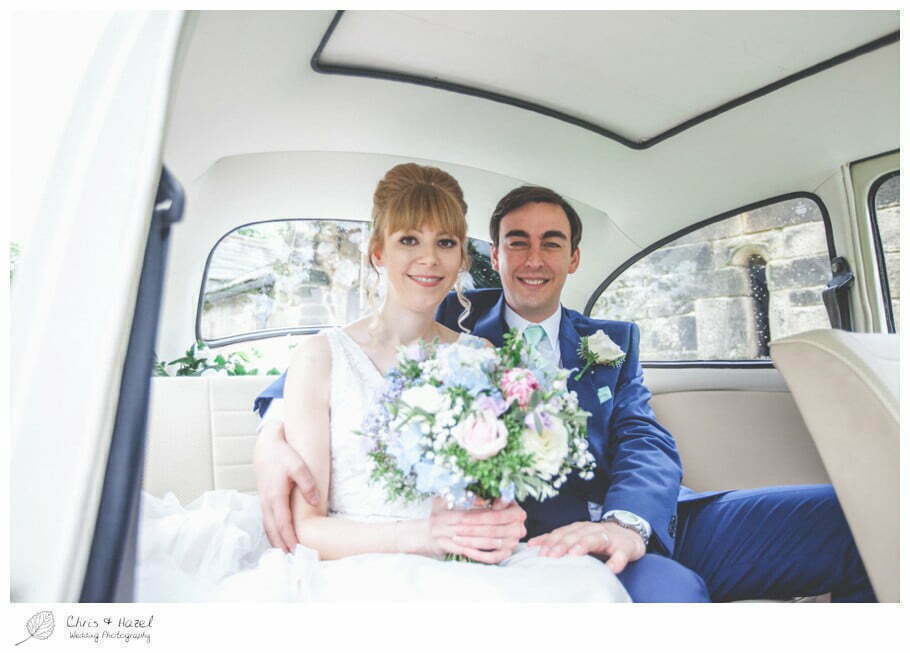 bride and groom in wedding car, bride, groom, wedding car, vw i300, documentary wedding photography, Keighley ,Wedding Photographer, East Riddlesden Hall, Wedding Photography, Chris and Hazel Wedding Photography, Craig beasley, Stephanie Stubbs,