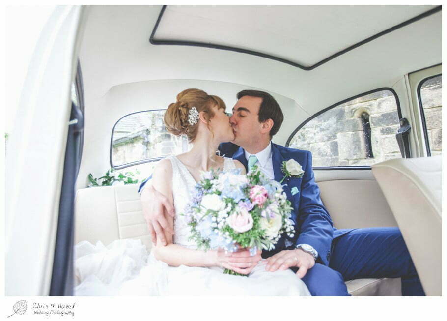 bride and groom in wedding car, bride, groom, wedding car, vw i300, documentary wedding photography, Keighley ,Wedding Photographer, East Riddlesden Hall, Wedding Photography, Chris and Hazel Wedding Photography, Craig beasley, Stephanie Stubbs,