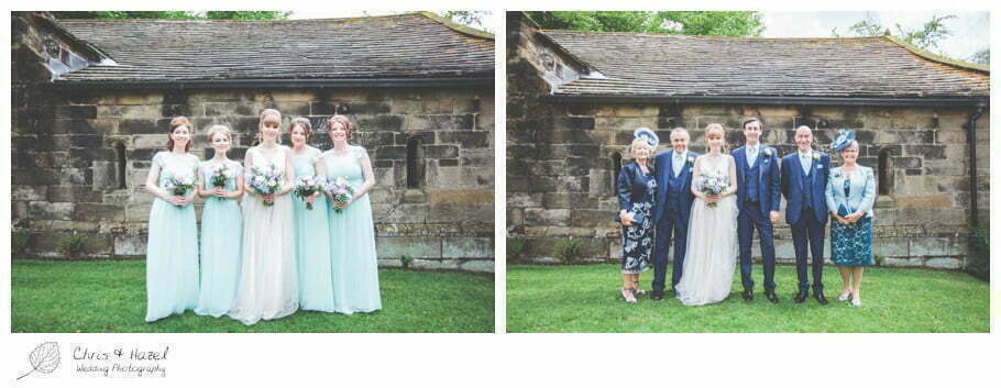 bride and groom with bridesmaids and family, formal wedding photographs, bride, groom, bridesmaids, documentary wedding photography, Keighley ,Wedding Photographer, East Riddlesden Hall, Wedding Photography, Chris and Hazel Wedding Photography, Craig beasley, Stephanie Stubbs,