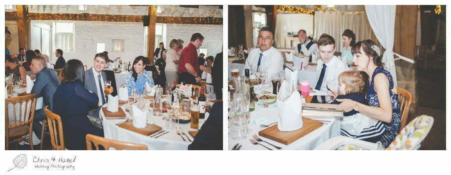 guests sitting down for wedding breakfast, barn wedding breakfast, rustic, vintage, documentary wedding photography, Keighley ,Wedding Photographer, East Riddlesden Hall, Wedding Photography, Chris and Hazel Wedding Photography, Craig beasley, Stephanie Stubbs,