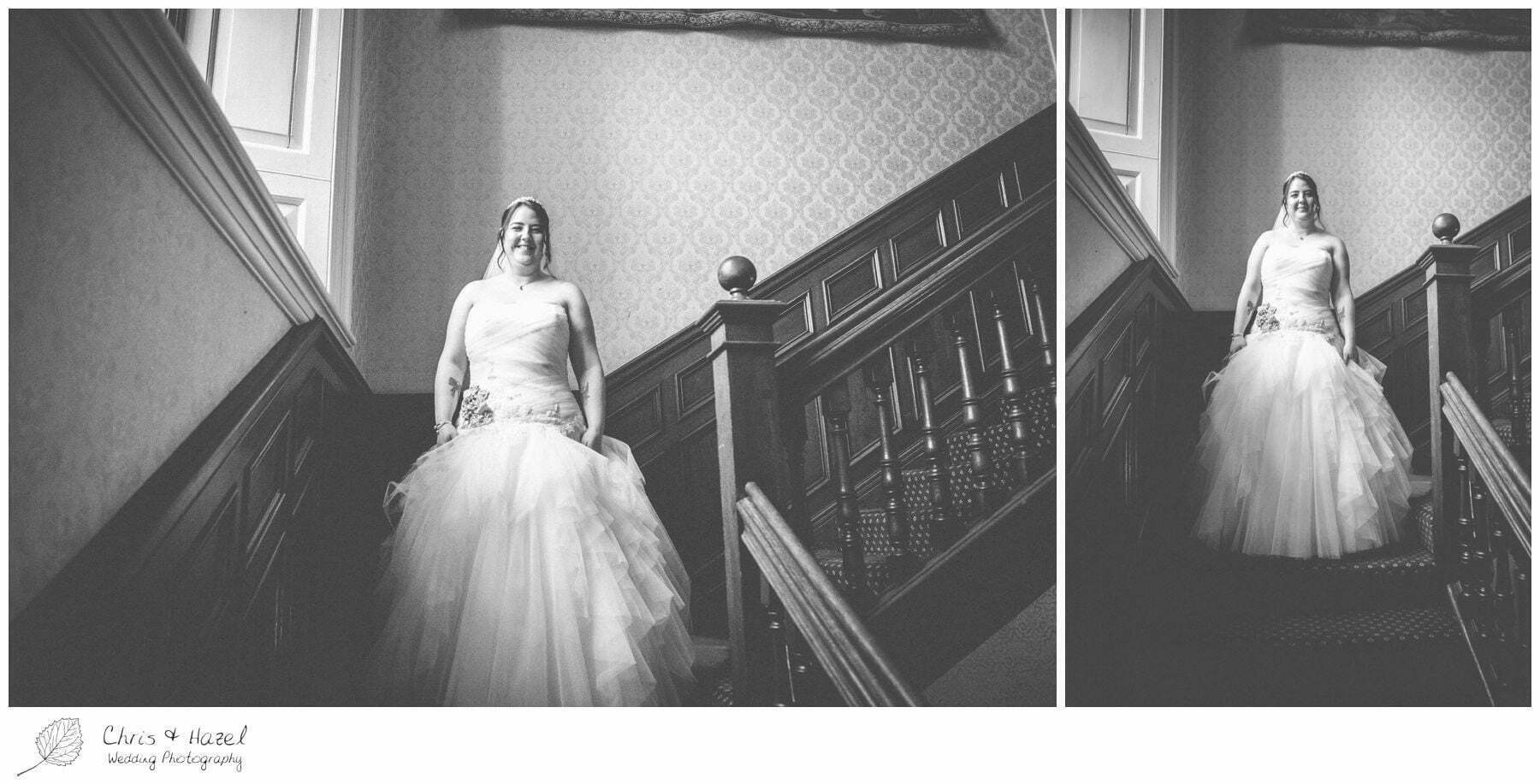 bride walking down stairs, bagden hall wedding venue, documentary wedding photography, denny dale, huddersfield, Wedding Photographer, Bagden Hall, Wedding Photography, Chris and Hazel Wedding Photography, Alex tomenson, Vicky hunt
