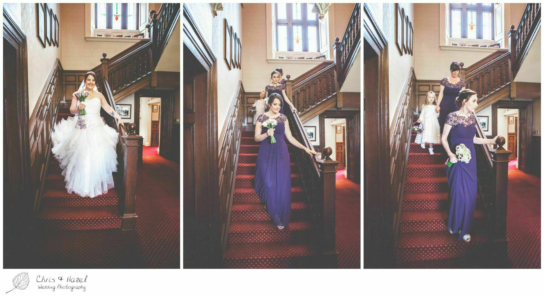 bride and bridesmaids walking down stairs, bagden hall wedding venue, documentary wedding photography, denny dale, huddersfield, Wedding Photographer, Bagden Hall, Wedding Photography, Chris and Hazel Wedding Photography, Alex tomenson, Vicky hunt