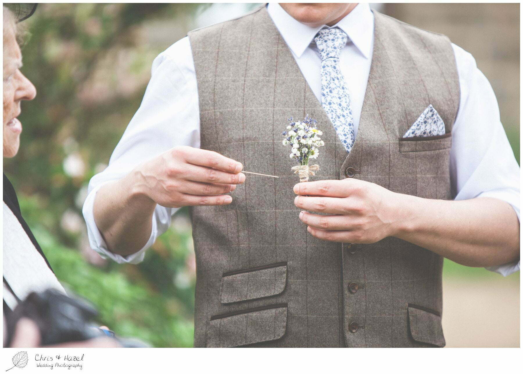 groom waistcoat, twill, tweed, dainty buttonhole flowers, woodland wedding, eco wedding, love letters, wedding, Eccup Wedding Photographer, Lineham Farm, Wedding Photography Leeds, Chris and Hazel Wedding Photography, Richard Wyatt, Laura Kelly