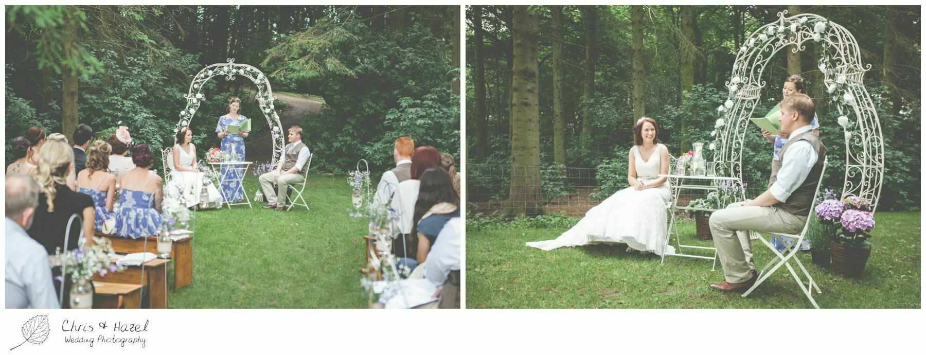 bride and groom sat during ceremony, woodland ceremony, woodland, forest, ceremony, outdoor, forest wedding, woodland wedding, eco wedding, love letters, wedding, Eccup Wedding Photographer, Lineham Farm, Wedding Photography Leeds, Chris and Hazel Wedding Photography, Richard Wyatt, Laura Kelly