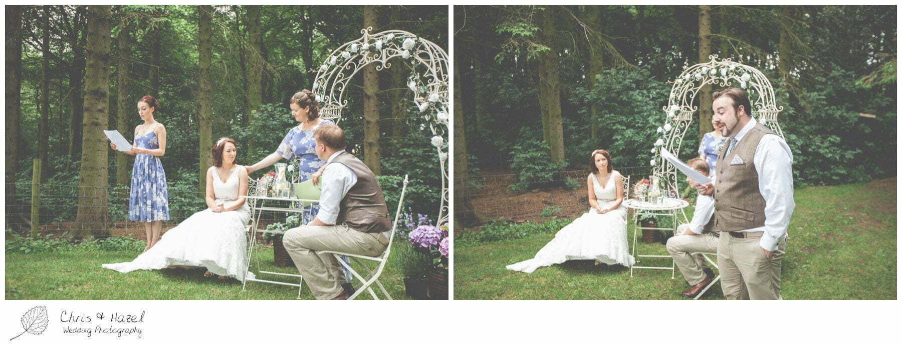bride and groom sat during ceremony, woodland ceremony, woodland, forest, ceremony, outdoor, forest wedding, woodland wedding, eco wedding, love letters, wedding, Eccup Wedding Photographer, Lineham Farm, Wedding Photography Leeds, Chris and Hazel Wedding Photography, Richard Wyatt, Laura Kelly