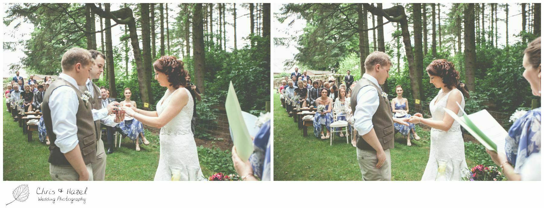 ring exchange, vows, woodland ceremony, woodland, forest, ceremony, outdoor, forest wedding, woodland wedding, eco wedding, love letters, wedding, Eccup Wedding Photographer, Lineham Farm, Wedding Photography Leeds, Chris and Hazel Wedding Photography, Richard Wyatt, Laura Kelly
