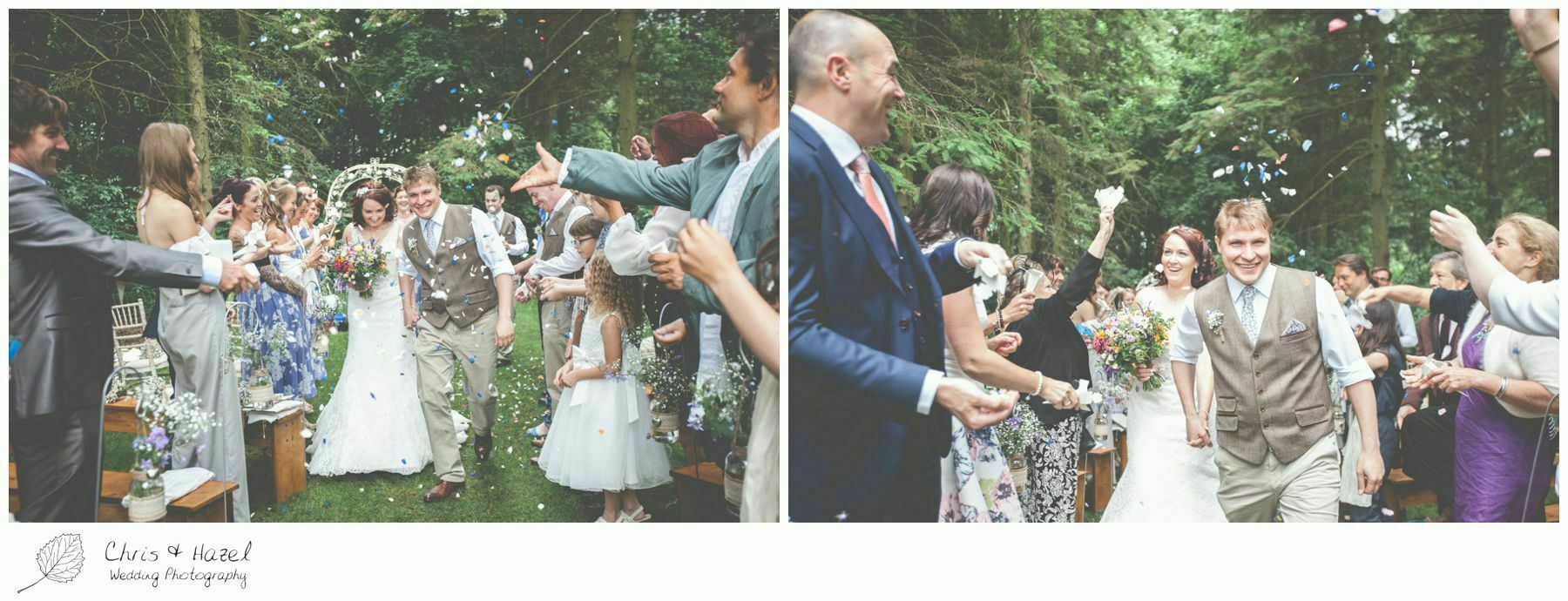 confetti, woodland ceremony, woodland, forest, ceremony, outdoor, forest wedding, woodland wedding, eco wedding, love letters, wedding, Eccup Wedding Photographer, Lineham Farm, Wedding Photography Leeds, Chris and Hazel Wedding Photography, Richard Wyatt, Laura Kelly