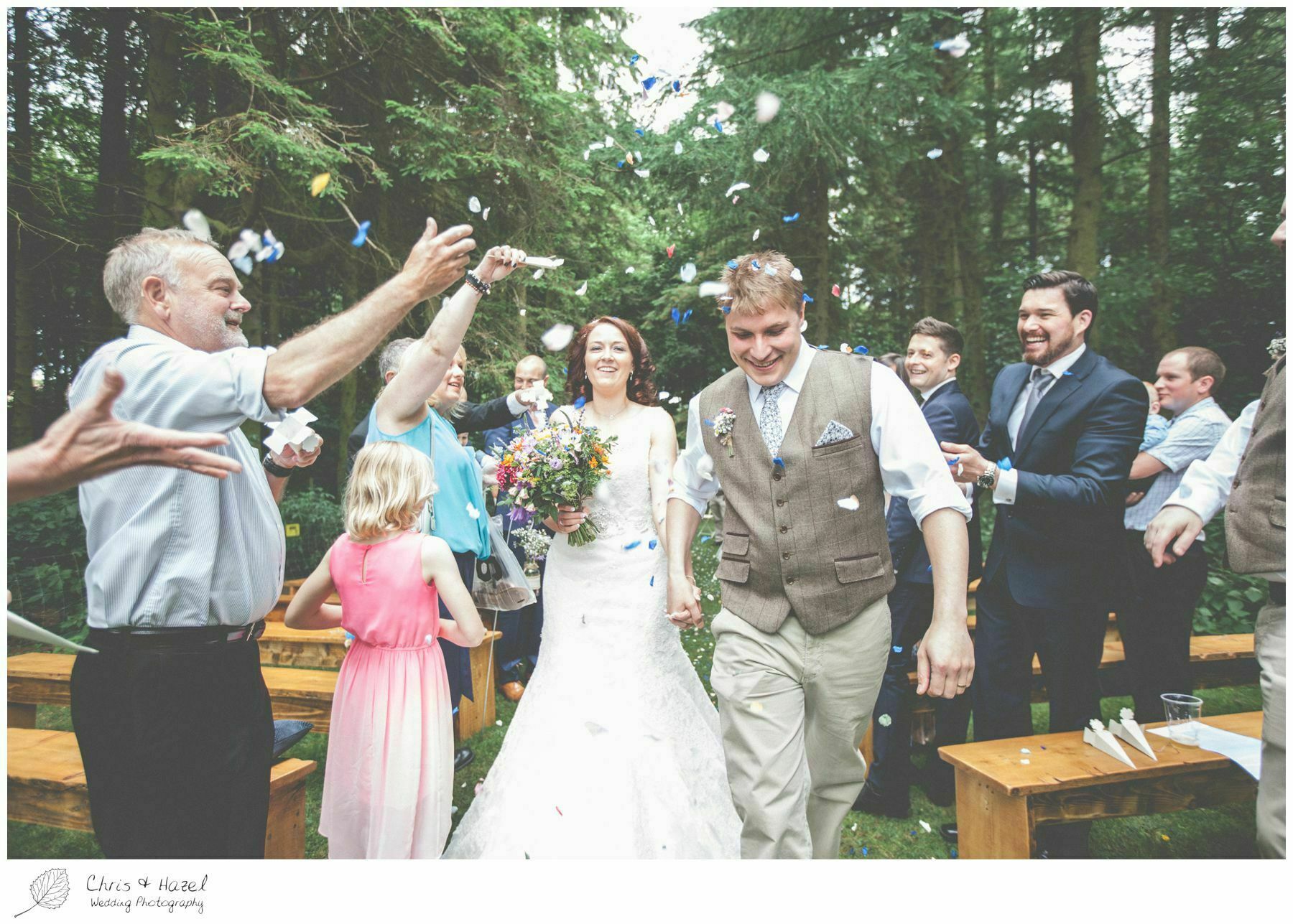 confetti, woodland ceremony, woodland, forest, ceremony, outdoor, forest wedding, woodland wedding, eco wedding, love letters, wedding, Eccup Wedding Photographer, Lineham Farm, Wedding Photography Leeds, Chris and Hazel Wedding Photography, Richard Wyatt, Laura Kelly