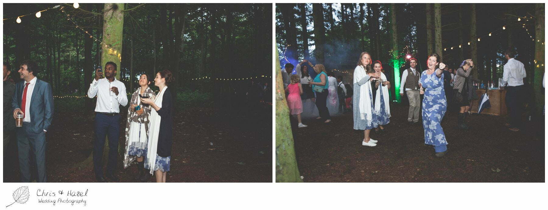 guests dancing, wedding woodland rave, outdoor evening wedding, forest wedding reception, woodland wedding evening reception, woodland wedding, eco wedding, wedding, Eccup Wedding Photographer, Lineham Farm, Wedding Photography Leeds, Chris and Hazel Wedding Photography, Richard Wyatt, Laura Kelly