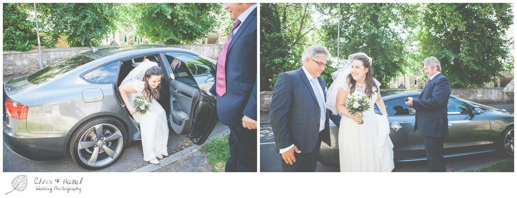 bride getting out of wedding car with father, st marys church, wedding, south milford Wedding Photographer, the engine shed, Wedding Photography wetherby, Chris and Hazel Wedding Photography, stevie pollard, stevie standerline, paul standerline,