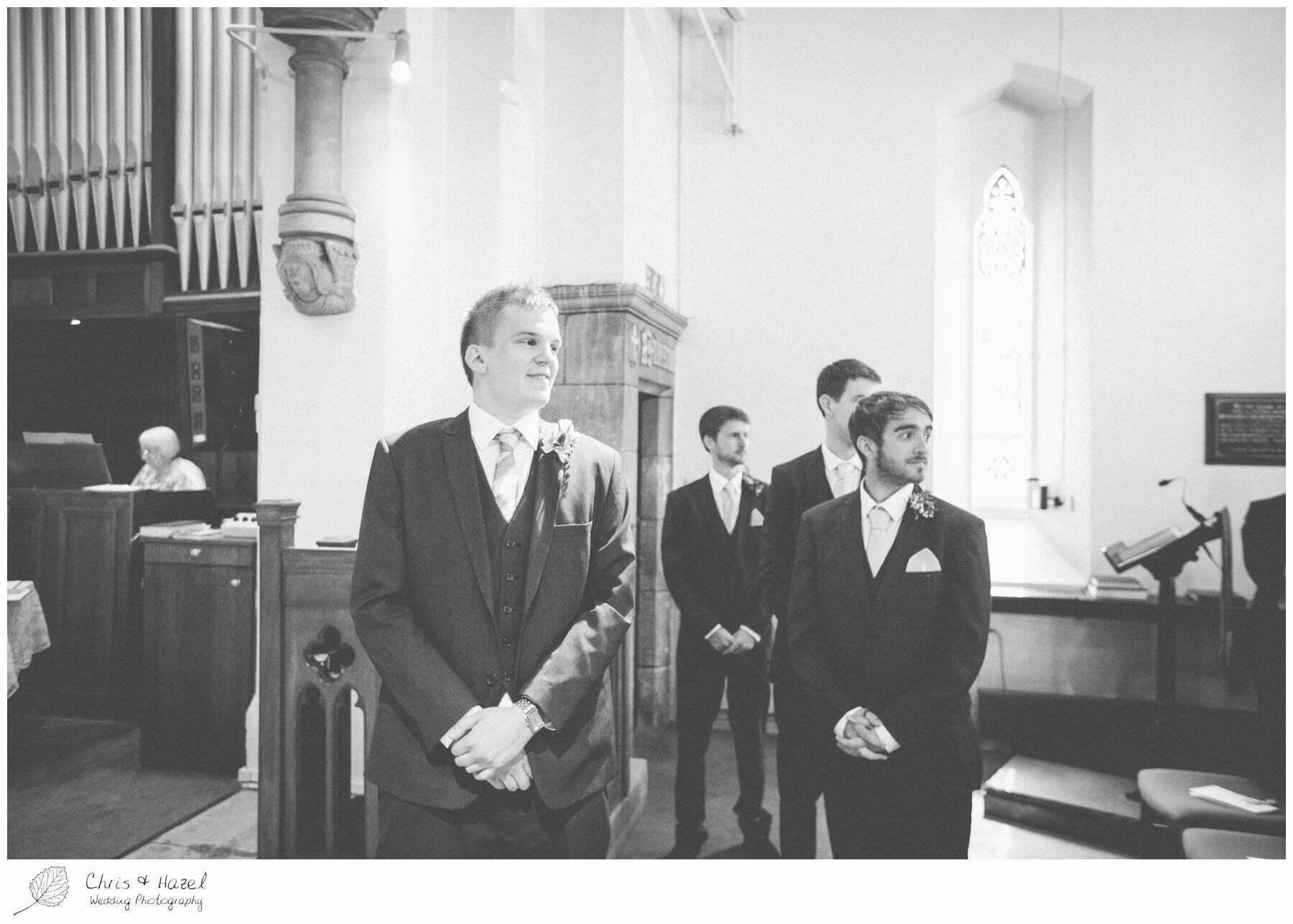 groom at altar, st marys church, wedding, south milford Wedding Photographer, the engine shed, Wedding Photography wetherby, Chris and Hazel Wedding Photography, stevie pollard, stevie standerline, paul standerline,