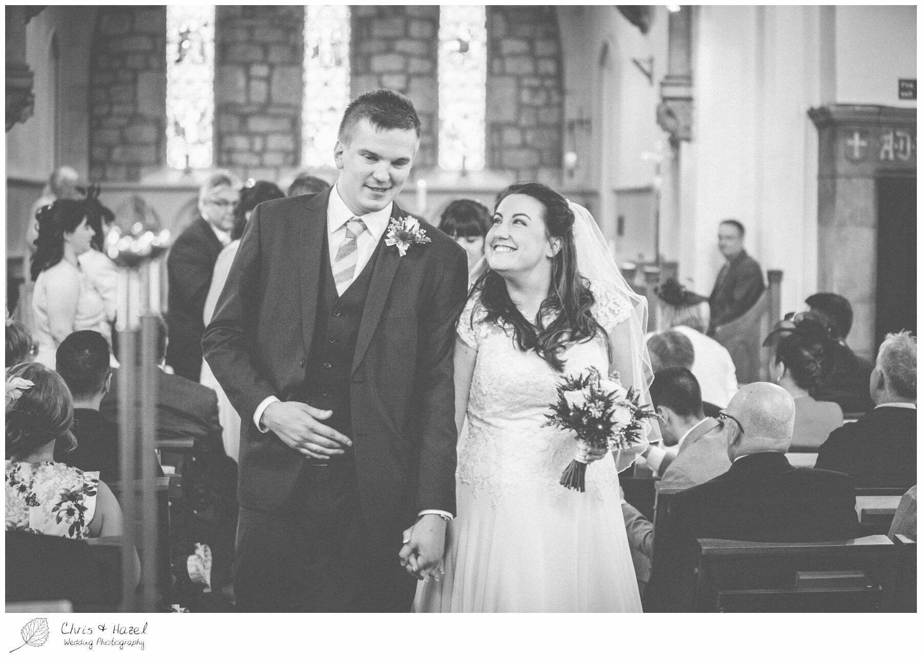 bride and groom walking down aisle, st marys church, wedding, south milford Wedding Photographer, the engine shed, Wedding Photography wetherby, Chris and Hazel Wedding Photography, stevie pollard, stevie standerline, paul standerline,